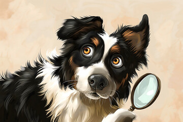 Illustration of Border Collie dog with magnifying glass in search of something funny and cute, suitable for children's books,concept of educational materials,pet products,veterinary services,poster