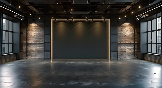 Creating a D visualization of an unoccupied photo studio with black backdrop and brick wall. Concept Photography Studio, Interior Design, 3D Visualization, Black Backdrop, Brick Wall