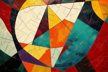 Obraz premium Close-up view of a painting displaying a mosaic of vibrant colors and various shapes, A mosaic of colors and shapes symbolizing the fast-paced nature of basketball