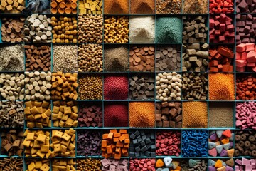 Various dog food brands and types arranged in a colorful mosaic pattern, A mosaic of different dog food brands arranged in a geometric pattern