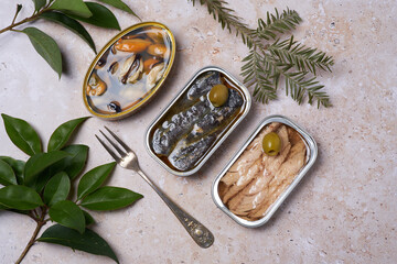 Cans of canned sardines, mackerel and mussels