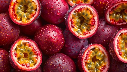 Passion fruit background. Ripe passion fruit with water drops.