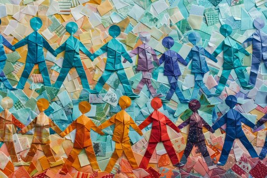 Paper origami individuals assemble in a unique pattern, A mosaic of origami people, coming together to form a harmonious whole