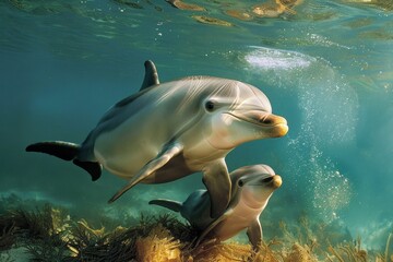 Fototapeta premium A mother dolphin and her baby gracefully swim together in the ocean, A mother dolphin gently nudging her calf