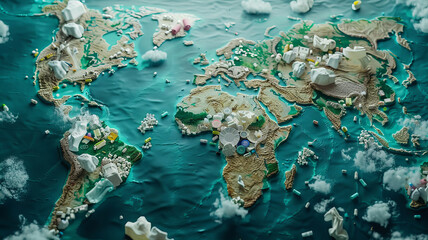 Map continents earth are made up of garbage, surrounded by ocean water. Concept environmental pollution with plastic and human waste