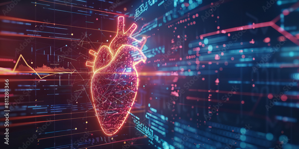 Wall mural AI role in real time patient monitoring and heart health management. Concept futuristic healthcare technology and data network visualization, neon banner. - Wall murals