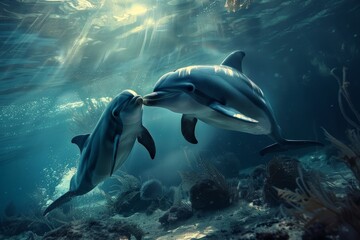 A pair of dolphins, a mother and her calf, gracefully glide through the clear blue water, A mother dolphin gently nudging her calf