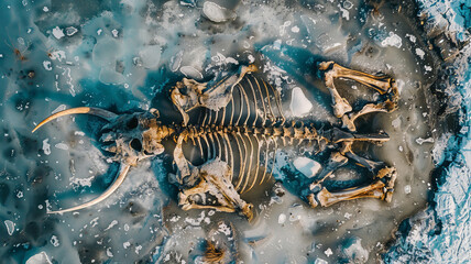 Aerial top view remains of mammoth lie in frozen ice, archaeological excavations