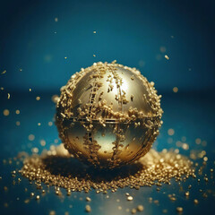 Abstract 3d render of golden sphere with confetti on blue background