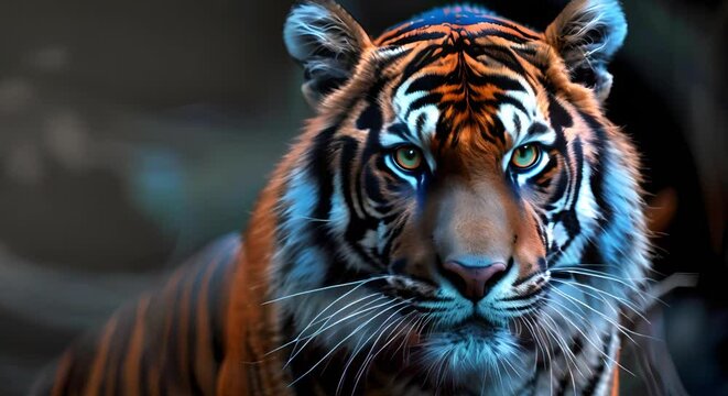 Vivid and Intense Close-up of Tiger Head with Wide Eyes for Wallpaper. Concept Wildlife Photography, Exotic Animals, Nature Close-ups, Animal Wallpapers, Tiger Portraits