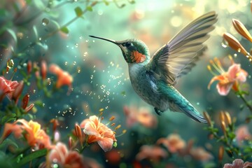 Fototapeta premium Hummingbird Soaring Over Floral Garden