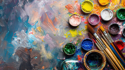 A stunning overhead view of an artist's palette filled with a vibrant array of watercolor paints, with brushes and mixing wells adding to the sense of creative energy. Dynamic and