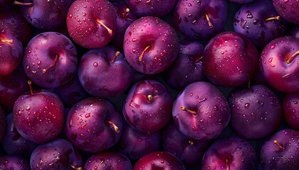 Ripe purple plums with water drops close-up. Seamless pattern