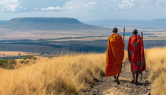 Maasai tribesmen walking in the savannah