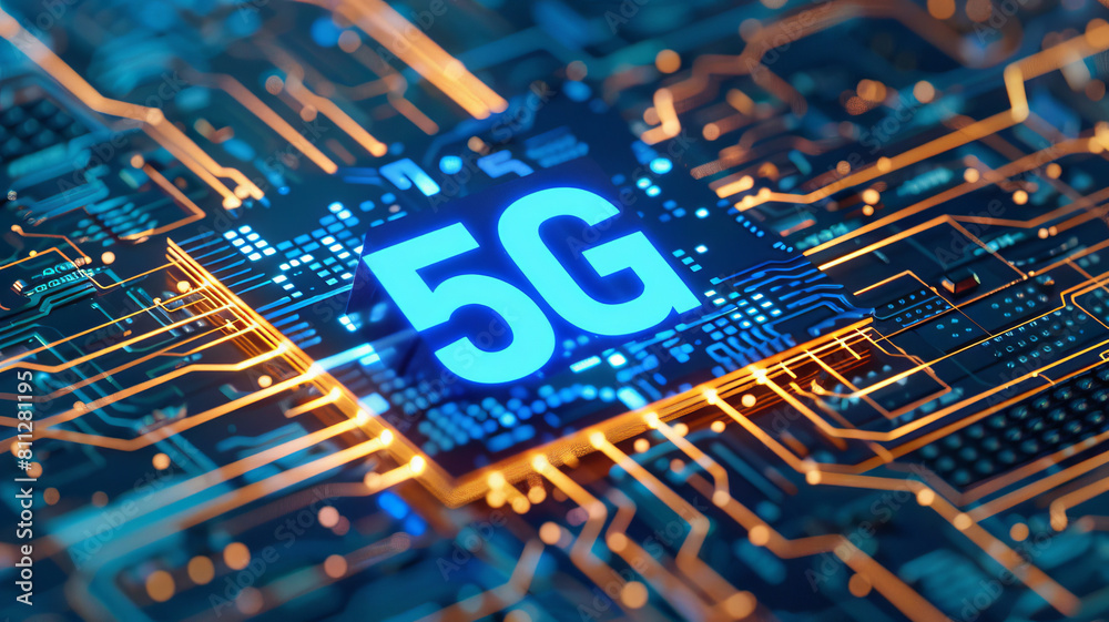 Poster concept cpu microchip with 5g ai and data network. close-up view of modern chip gpu card with circui