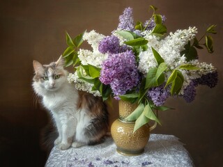 Beautiful cat and and bouquet of lilac flowers