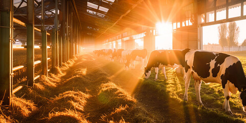 Cows stand in row and Feeding in Barn, sunlight. Dairy farm livestock industry banner.