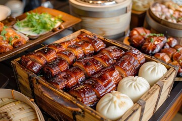 Diverse Array of Foods Spread on Table, A mouthwatering display of char siu pork, glazed to perfection and served with fluffy steamed bao buns