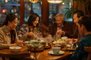 Multigenerational Family Eating Hot Pot Together, A multigenerational family enjoying a hot pot meal together in a cozy Asian restaurant