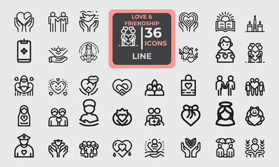 Set of 36 line icons related to Love & Friendship. Outline icon collection. Editable stroke. Vector illustration