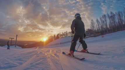 Adventurous Snowboarder Capturing Selfie at Sunrise on Snowy Mountain Slope