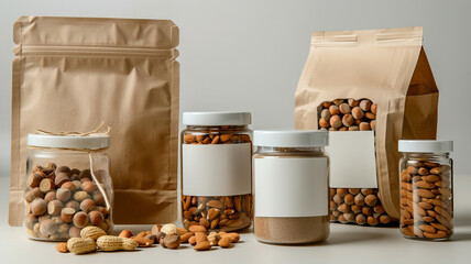 Eco Friendly Packaging box with white blank label for name and Organic Nuts Assortment Display on Neutral Background.