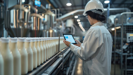 Quality control specialist inspecting milk production line in industrial dairy factory with computer tablet. Concept food industry banner.