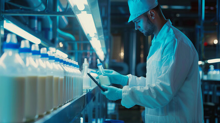 Quality Control Specialist Inspecting Dairy Production Line with computer tablet in Factory banner.