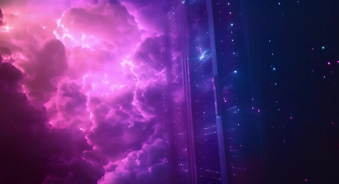 Illuminated neon structures in a dark banner symbolize cloud computing database technology. Concept Technology, Neon Structures, Cloud Computing, Database, Illumination