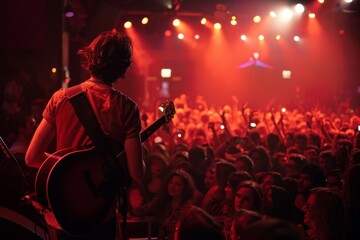 A man energetically plays a guitar to a crowd of people gathered around him at a live music event, A musician performing on stage to an enthusiastic crowd