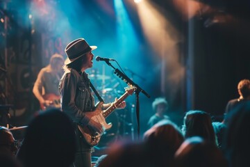 A man playing a guitar in front of a microphone during a live performance, A musician performing on stage to an enthusiastic crowd