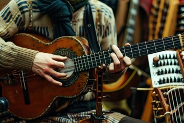 Fototapeta premium A person standing and holding a guitar in their hands, A musician playing a variety of instruments