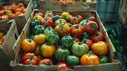   A variety of colorful produce arranged in a stack of boxes