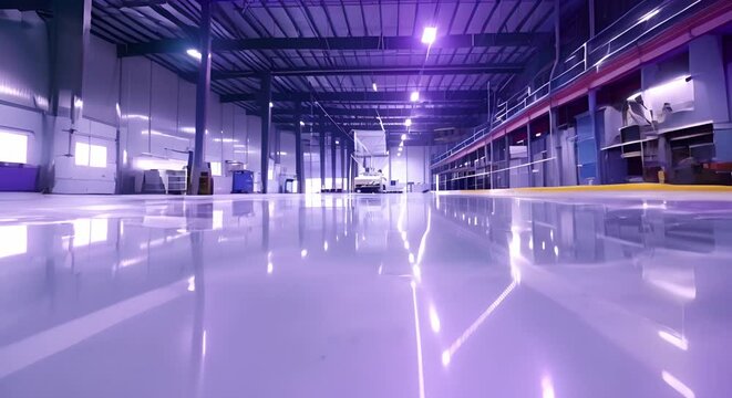 Renovated office warehouse with new epoxy resin floor and bright lighting. Concept Office Renovation, Warehouse Makeover, Epoxy Resin Floor, Bright Lighting