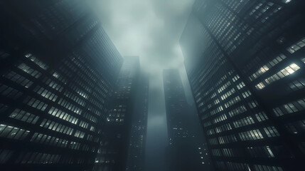 Business Building Skyscraper Frog Perspective B2B Office Corporate Dust Dark Night Fog