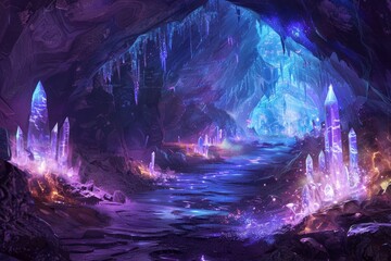 A cave filled with vibrant purple and blue water, surrounded by glowing crystals and twisting formations, A mystical cave with glowing crystals and twisting tunnels