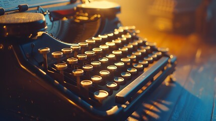 A closeup of an old typewriter with a dimly lit background.