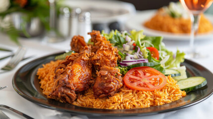 Authentic ghanaian jollof rice served with crispy fried chicken, fresh salad, garnished with tomato and cucumber slices on a dining table