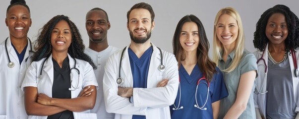 Group of diverse medical professionals in white lab coats and scrubs. Studio portrait on a gray background