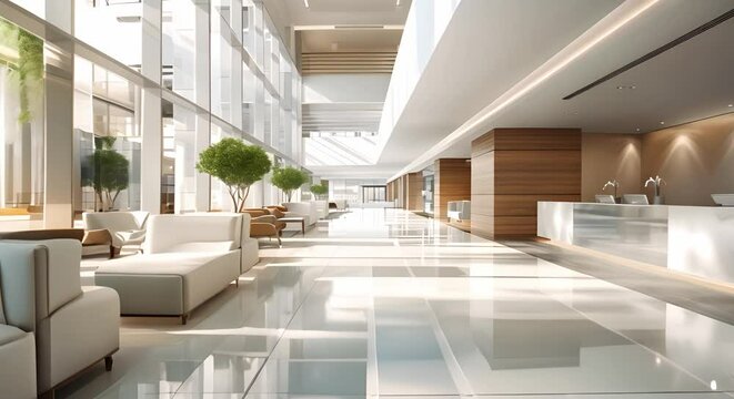 Contemporary hospital lobby featuring stylish design, cozy seating, and inviting ambiance. Concept Hospital Design, Stylish Lobby, Cozy Seating, Inviting Ambiance