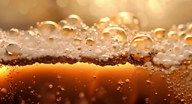 Closeup of bubbles rising in beer from fermentation process mesmerizing macro shot. Concept Beer bubbles, Fermentation process, Closeup photography, Macro shot, Mesmerizing visuals