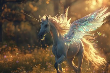 A white unicorn with shimmering blue wings running through a lush field, A mystical horse with wings that shimmer like opals in the sunlight