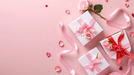 Pink roses and gifts wrapped with ribbons on a soft pink background.