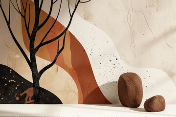 Two rocks placed on a table next to a tree in a nature-inspired setting, A nature-inspired design with organic shapes and earthy tones