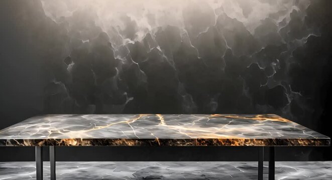 Elegant Dark Grey Table with Gold Marble Design on Black Background Mockup. Concept Mockup Design, Dark Grey Table, Gold Marble, Elegant, Black Background