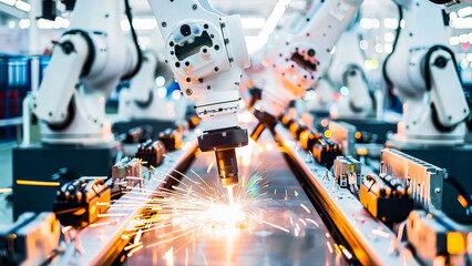 Robotic arm performing precision welding on a production line with bright sparks, representing advanced industrial automation technology.