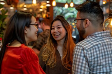 Fototapeta premium A diverse group of entrepreneurs standing next to each other, interacting and networking at an event, A networking event where entrepreneurs are enthusiastically networking and sharing stories