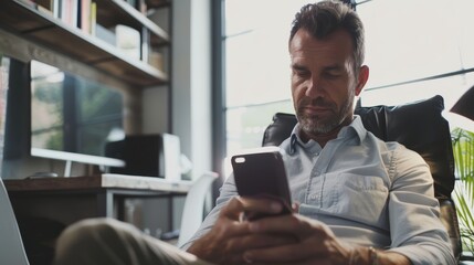 Senior male professional using smartphone in cozy office setting.