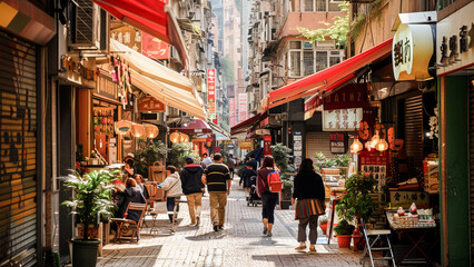 Obraz premium A bustling city street with pedestrians, shops, and eateries in a vibrant urban setting, showcasing local culture and commerce.