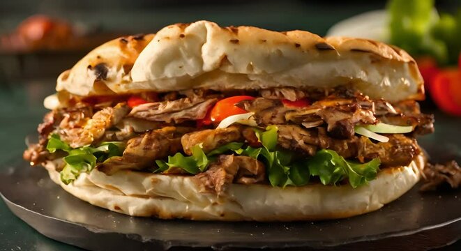 Savory Grilled Chicken Shawarma Doner Sandwich with Aromatic Spices and Beef. Concept Grilled Shawarma Doner, Savory Chicken, Aromatic Spices, Beef, Sandwich